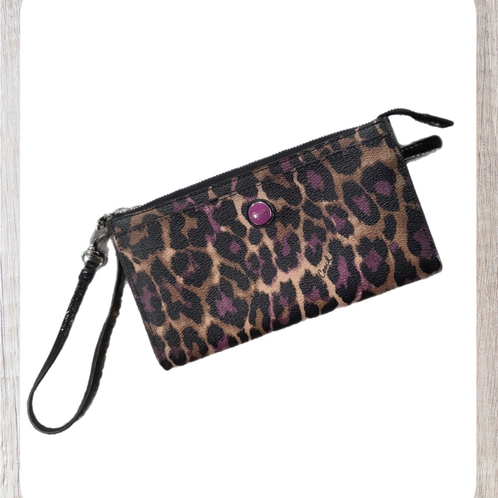 Coach Brown and Purple Leopard Print Wristlet